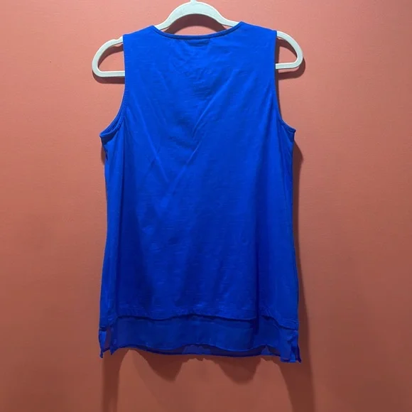 JM Collection Blouse sleeveless blue w/silver embroidery V-neck 100% cotton Sz S - Picture 3 of 11